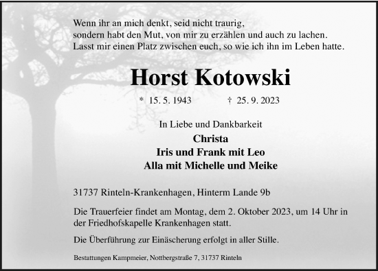 Traueranzeige von Horst Kotowski von Schaumburger Nachrichten und Schaumburger Zeitung/ Landes-Zeitung