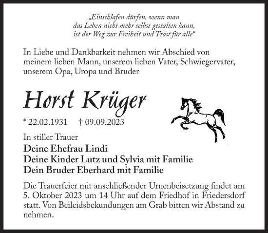 Traueranzeige von Horst Krüger von Märkischen Allgemeine Zeitung
