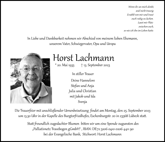 Traueranzeige von Horst Lachmann von Lübecker Nachrichten