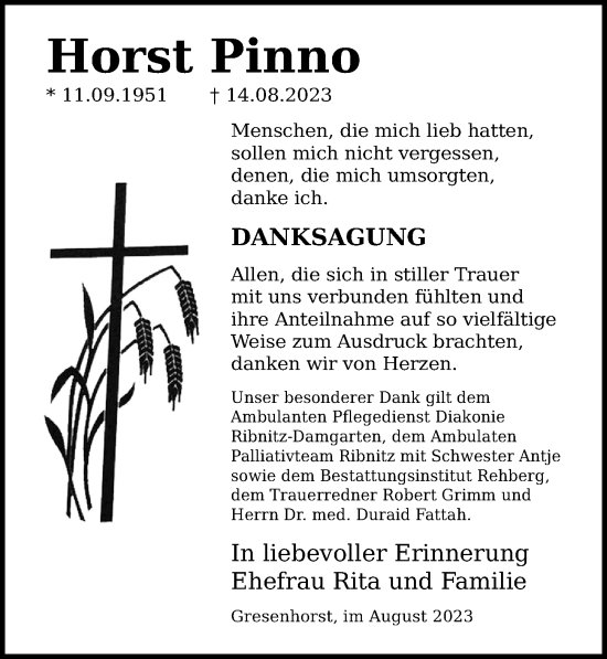 Traueranzeige von Horst Pinno von Ostsee-Zeitung GmbH