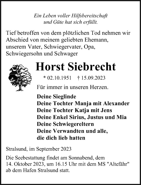 Traueranzeige von Horst Siebrecht von Ostsee-Zeitung GmbH