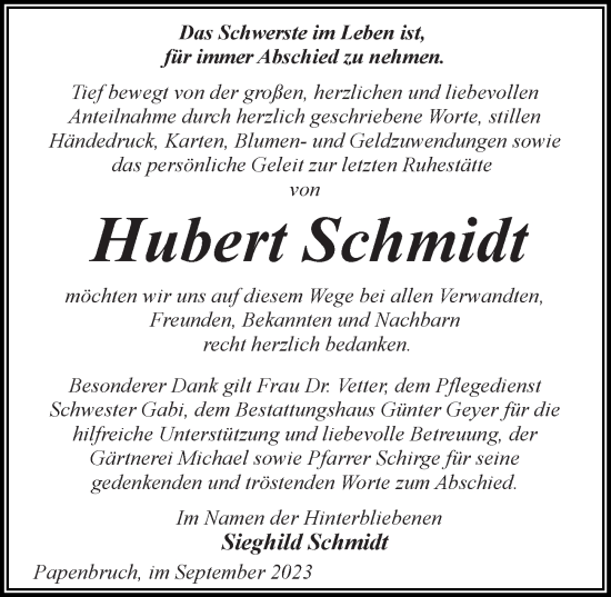 Traueranzeige von Hubert Schmidt von Märkischen Allgemeine Zeitung