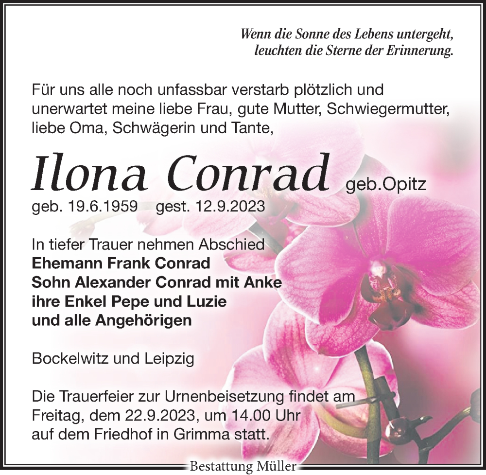  Traueranzeige für Ilona Conrad vom 16.09.2023 aus Leipziger Volkszeitung