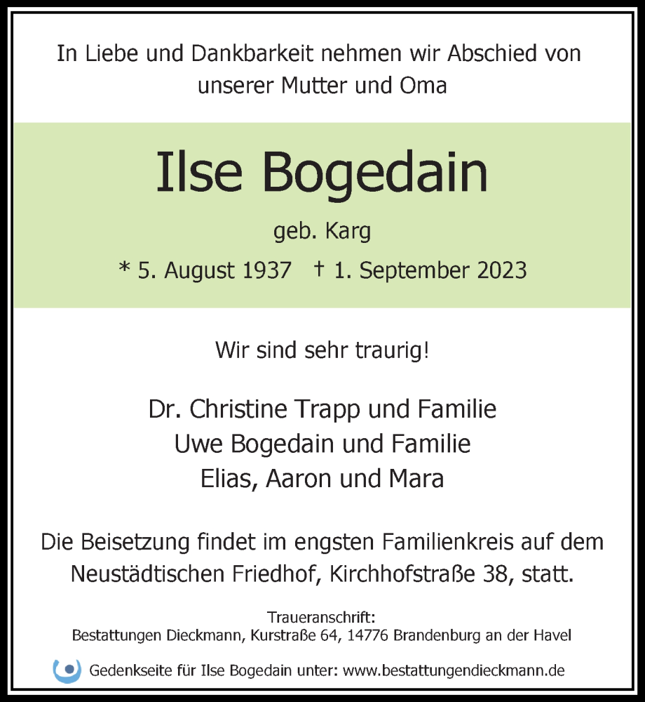  Traueranzeige für Ilse Bogedain vom 16.09.2023 aus Märkischen Allgemeine Zeitung