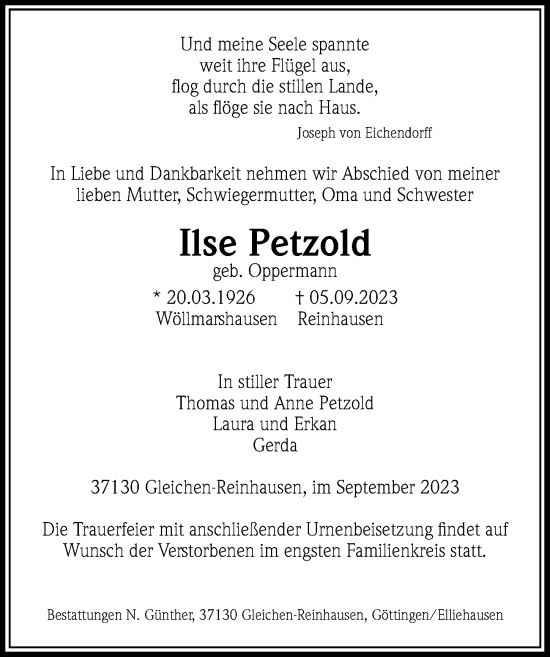Traueranzeige von Ilse Petzold von Göttinger Tageblatt
