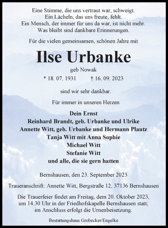 Traueranzeige von Ilse Urbanke von Göttinger Tageblatt