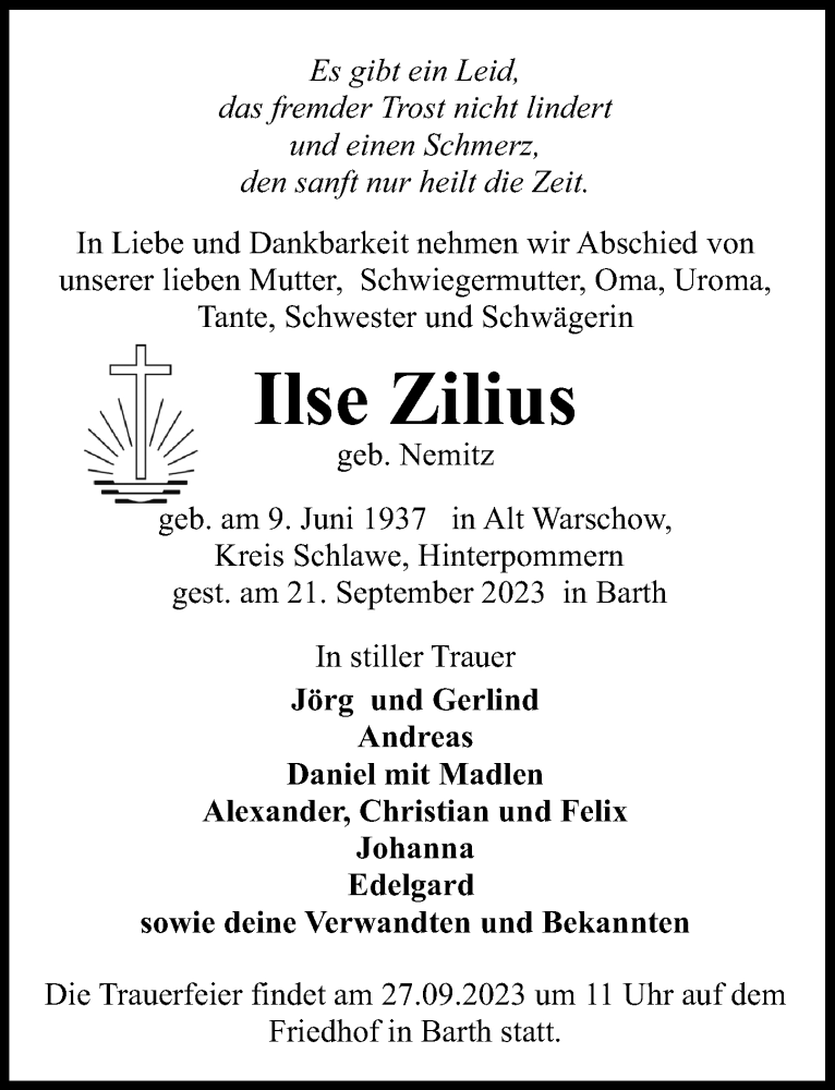  Traueranzeige für Ilse Zilius vom 23.09.2023 aus Ostsee-Zeitung GmbH