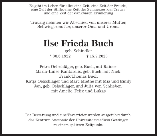Traueranzeige von Ilse Frieda Buch von Göttinger Tageblatt