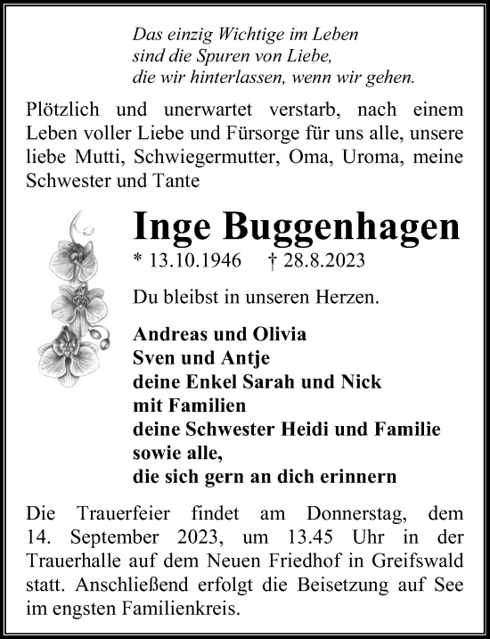 Traueranzeige von Inge Buggenhagen von Ostsee-Zeitung GmbH