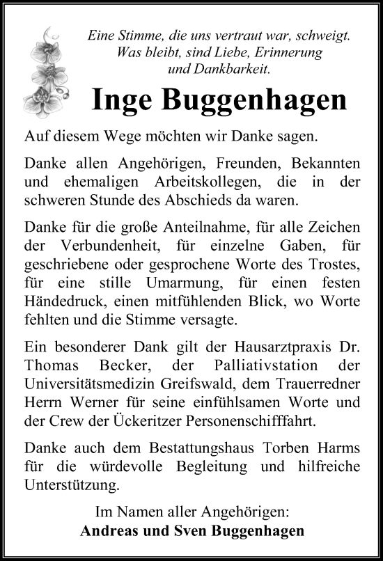 Traueranzeige von Inge Buggenhagen von Ostsee-Zeitung GmbH