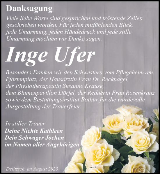 Traueranzeige von Inge Ufer von Leipziger Volkszeitung