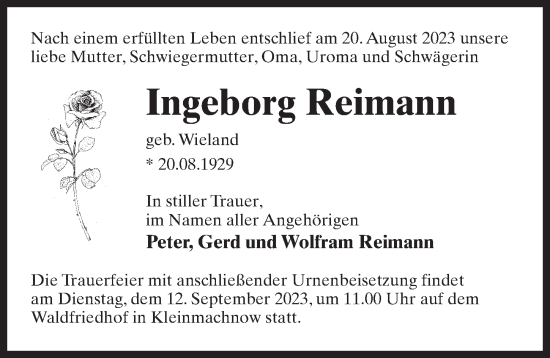Traueranzeige von Ingeborg Reimann von Märkischen Allgemeine Zeitung