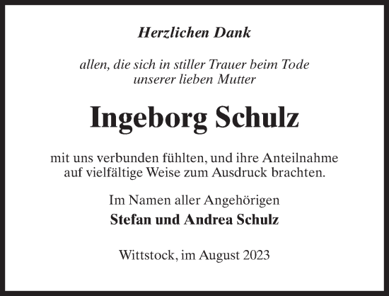 Traueranzeige von Ingeborg Schulz