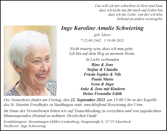 Traueranzeige von Inge Karoline Amalie Schwiering von Schaumburger Nachrichten
