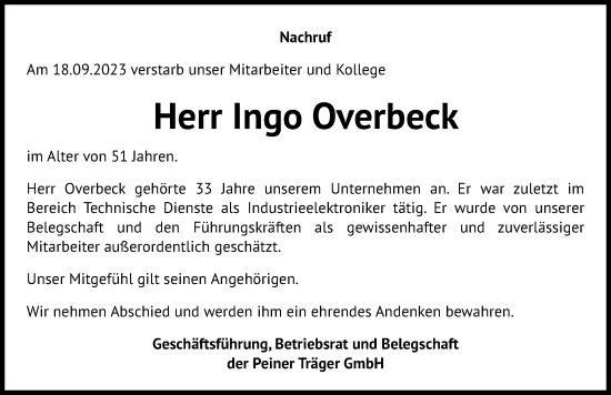 Traueranzeige von Ingo Overbeck von Peiner Allgemeine Zeitung