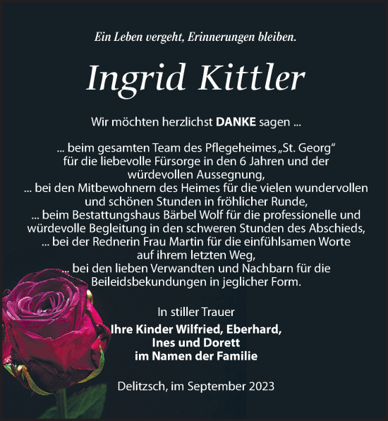 Traueranzeige von Ingrid Kittler von Leipziger Volkszeitung