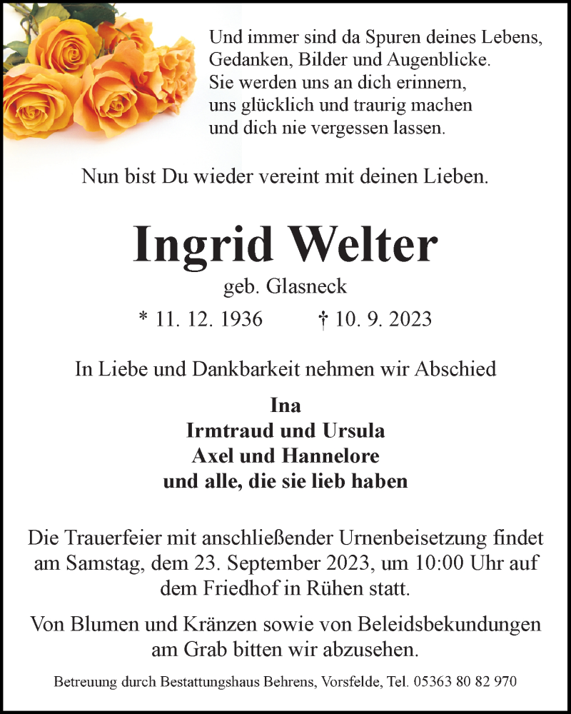  Traueranzeige für Ingrid Welter vom 16.09.2023 aus Aller Zeitung