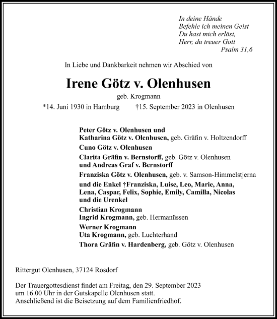 Traueranzeige von Irene Götz v. Olenhusen von Göttinger Tageblatt