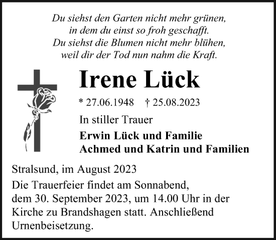 Traueranzeige von Irene Lück von Ostsee-Zeitung GmbH