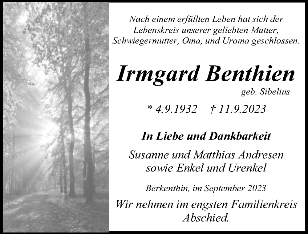  Traueranzeige für Irmgard Benthien vom 17.09.2023 aus Lübecker Nachrichten