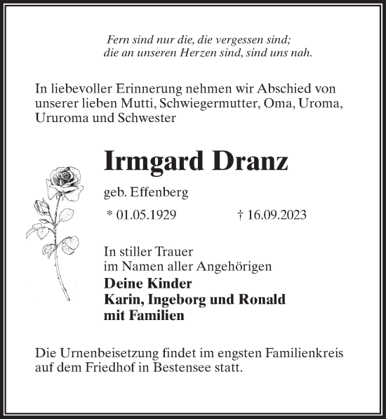 Traueranzeige von Irmgard Dranz von Märkischen Allgemeine Zeitung
