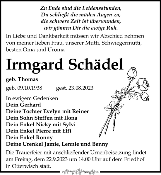 Traueranzeige von Irmgard Schädel von Leipziger Volkszeitung
