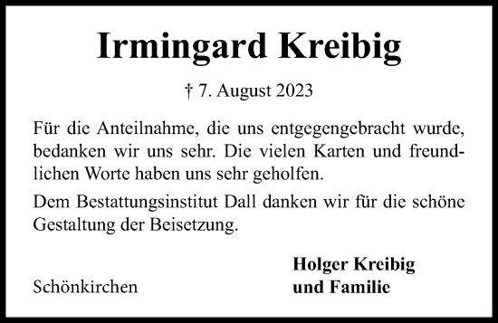 Traueranzeige von Irmingard Kreibig von Kieler Nachrichten
