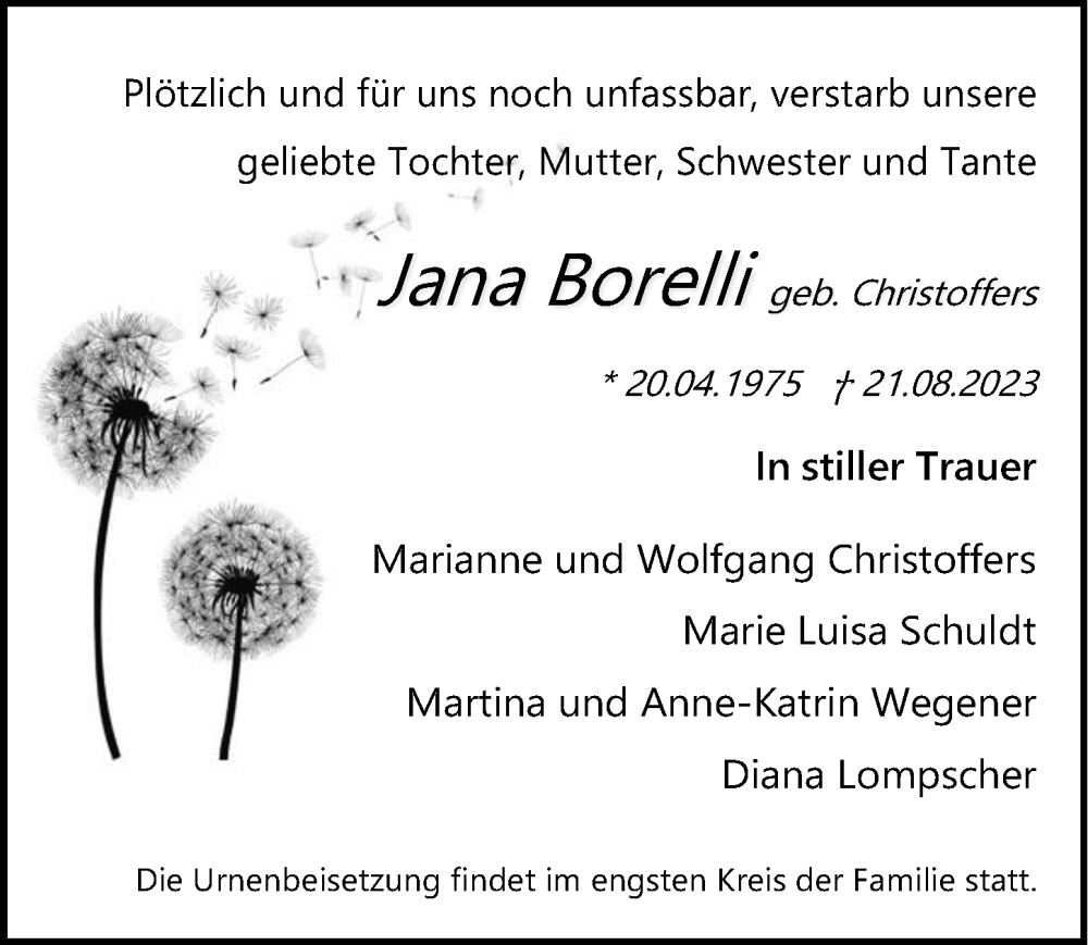  Traueranzeige für Jana Borelli vom 02.09.2023 aus Ostsee-Zeitung GmbH