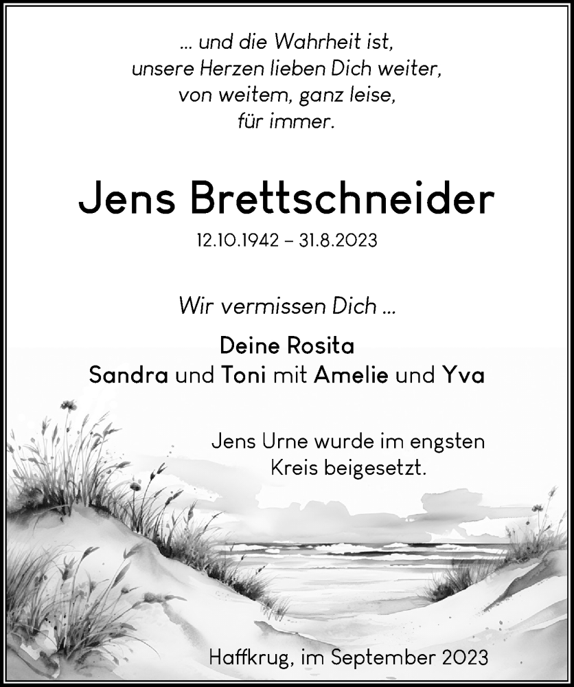  Traueranzeige für Jens Brettschneider vom 17.09.2023 aus Lübecker Nachrichten