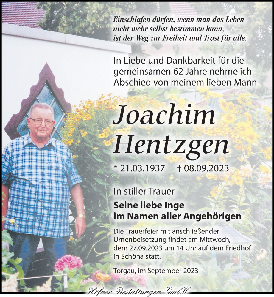  Traueranzeige für Joachim Hentzgen vom 16.09.2023 aus Torgauer Zeitung