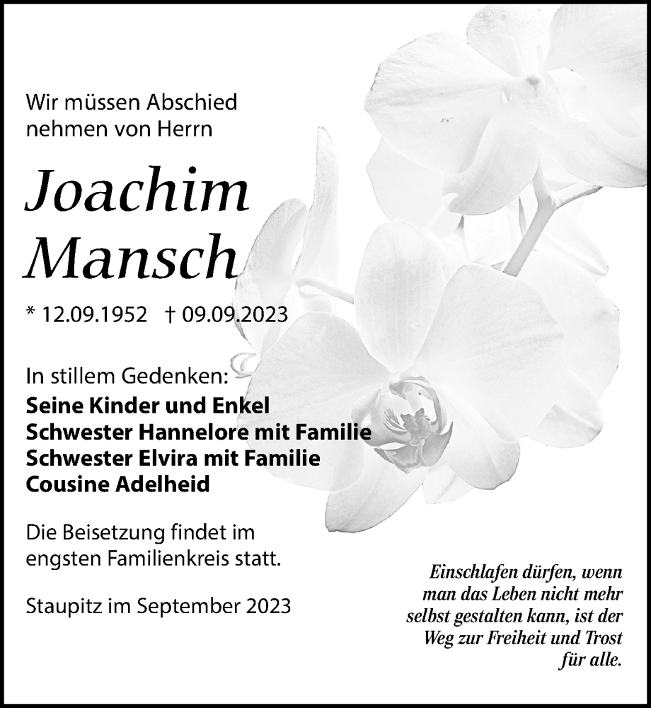  Traueranzeige für Joachim Mansch vom 16.09.2023 aus Torgauer Zeitung