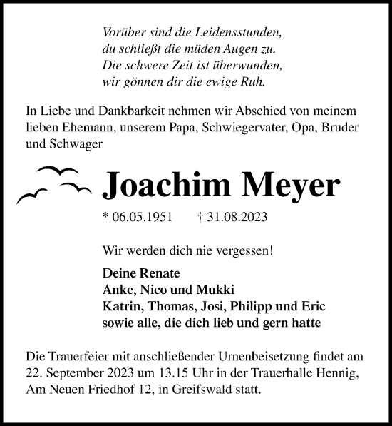 Traueranzeige von Joachim Meyer von Ostsee-Zeitung GmbH