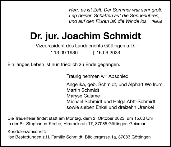 Traueranzeige von Joachim Schmidt von Göttinger Tageblatt