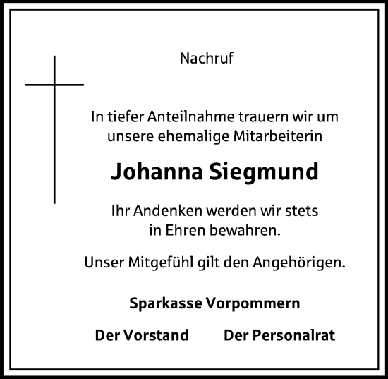 Traueranzeige von Johanna Siegmund von Ostsee-Zeitung GmbH