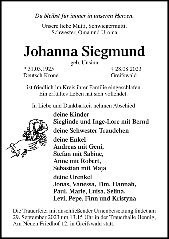 Traueranzeige von Johanna Siegmund von Ostsee-Zeitung GmbH