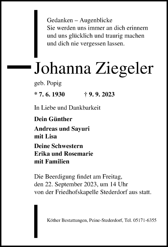 Traueranzeige von Johanna Ziegeler von Peiner Allgemeine Zeitung