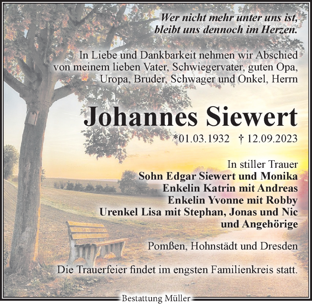  Traueranzeige für Johannes Siewert vom 16.09.2023 aus Leipziger Volkszeitung
