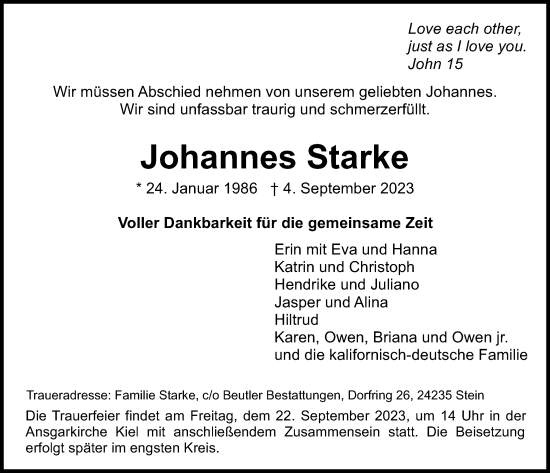 Traueranzeige von Johannes Starke von Kieler Nachrichten