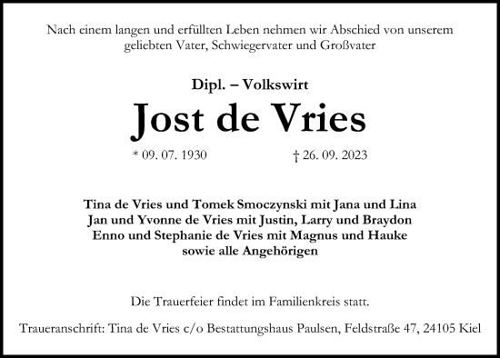 Traueranzeige von Jost de Vries von Kieler Nachrichten