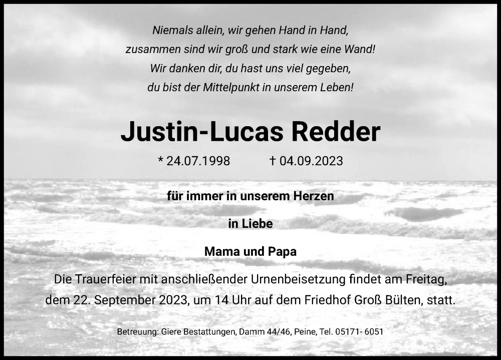  Traueranzeige für Justin-Lucas Redder vom 16.09.2023 aus Peiner Allgemeine Zeitung