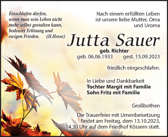 Traueranzeige von Jutta Sauer von Leipziger Volkszeitung