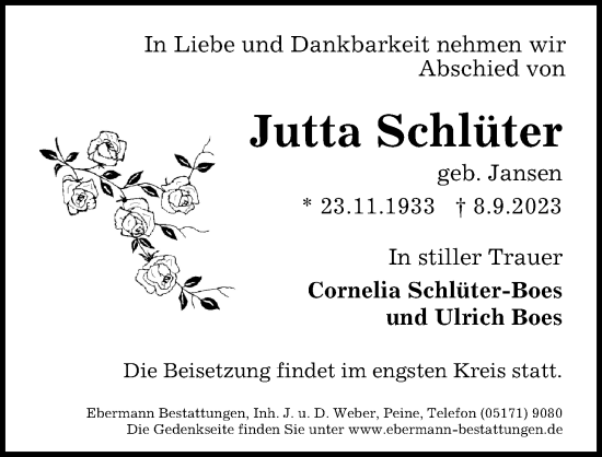 Traueranzeige von Jutta Schlüter von Peiner Allgemeine Zeitung
