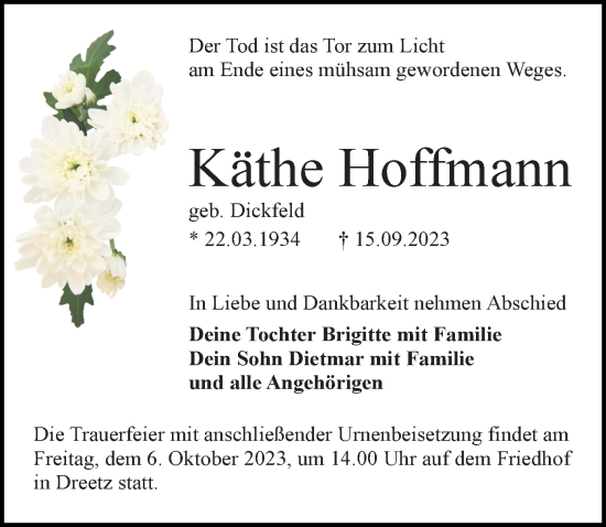 Traueranzeige von Käthe Hoffmann