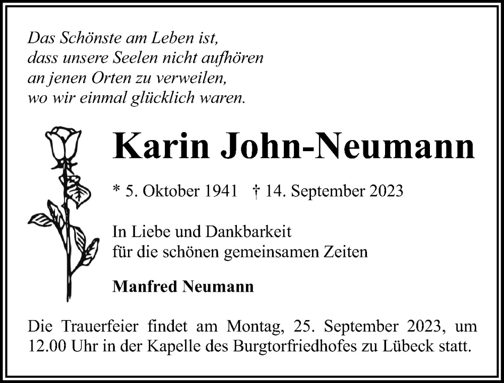  Traueranzeige für Karin John-Neumann vom 17.09.2023 aus Lübecker Nachrichten