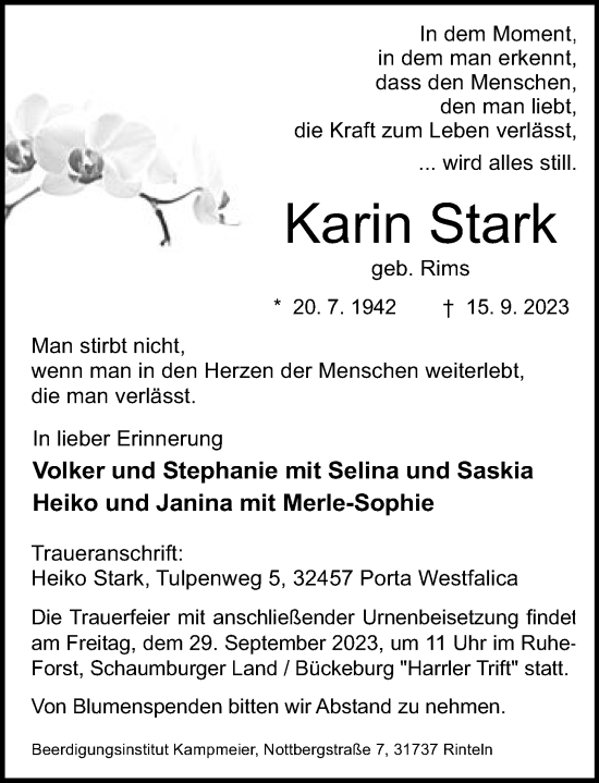Traueranzeige von Karin Stark von Schaumburger Nachrichten und Schaumburger Zeitung/ Landes-Zeitung