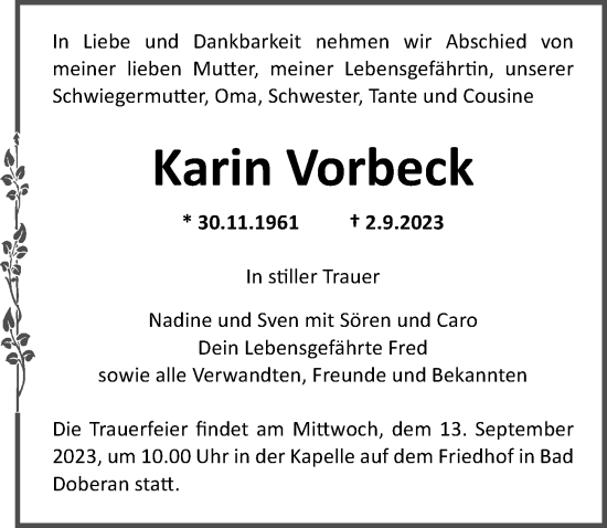 Traueranzeige von Karin Vorbeck von Ostsee-Zeitung GmbH