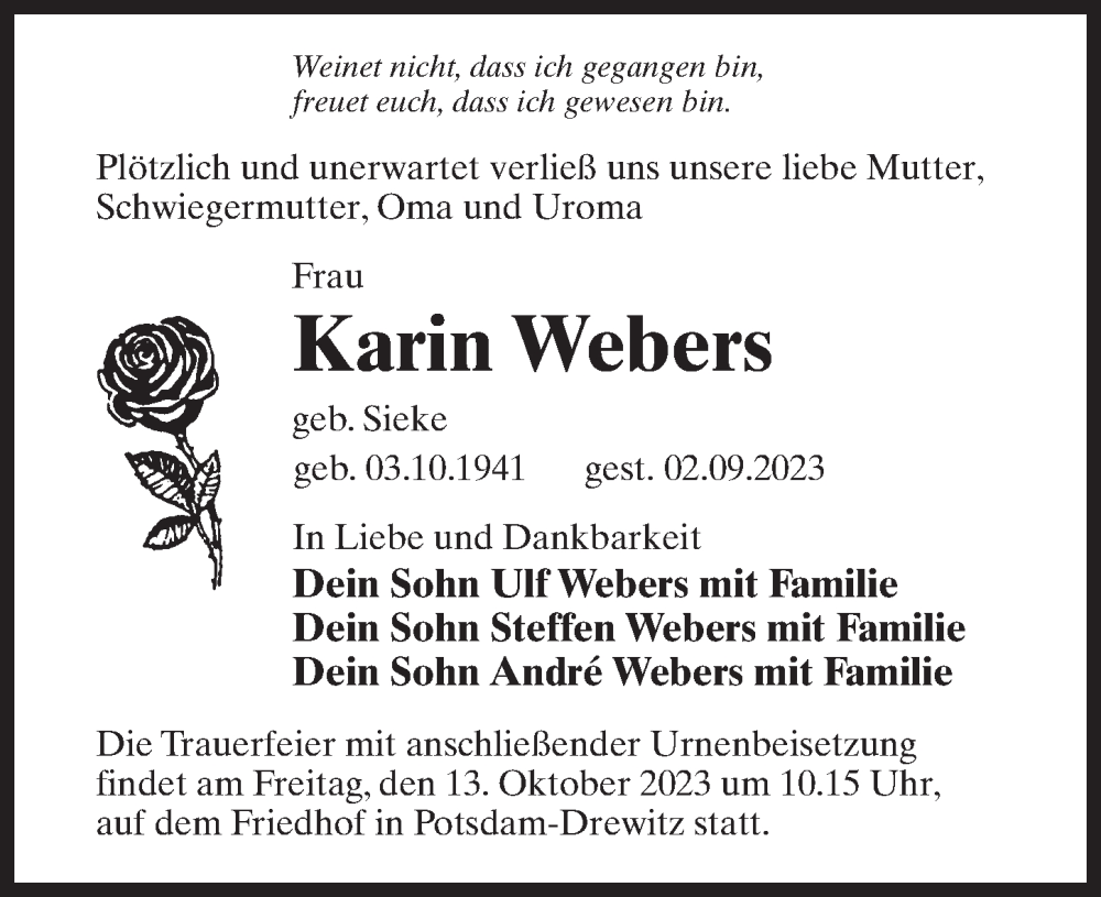  Traueranzeige für Karin Webers vom 23.09.2023 aus Märkischen Allgemeine Zeitung