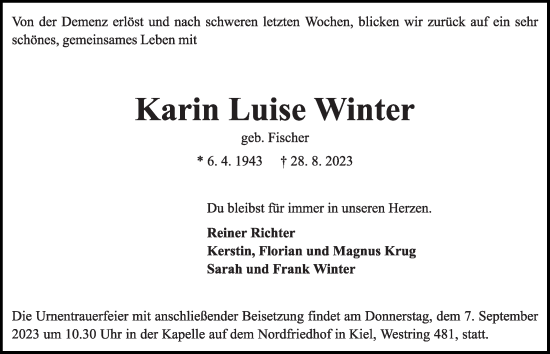 Traueranzeige von Karin Luise Winter von Kieler Nachrichten