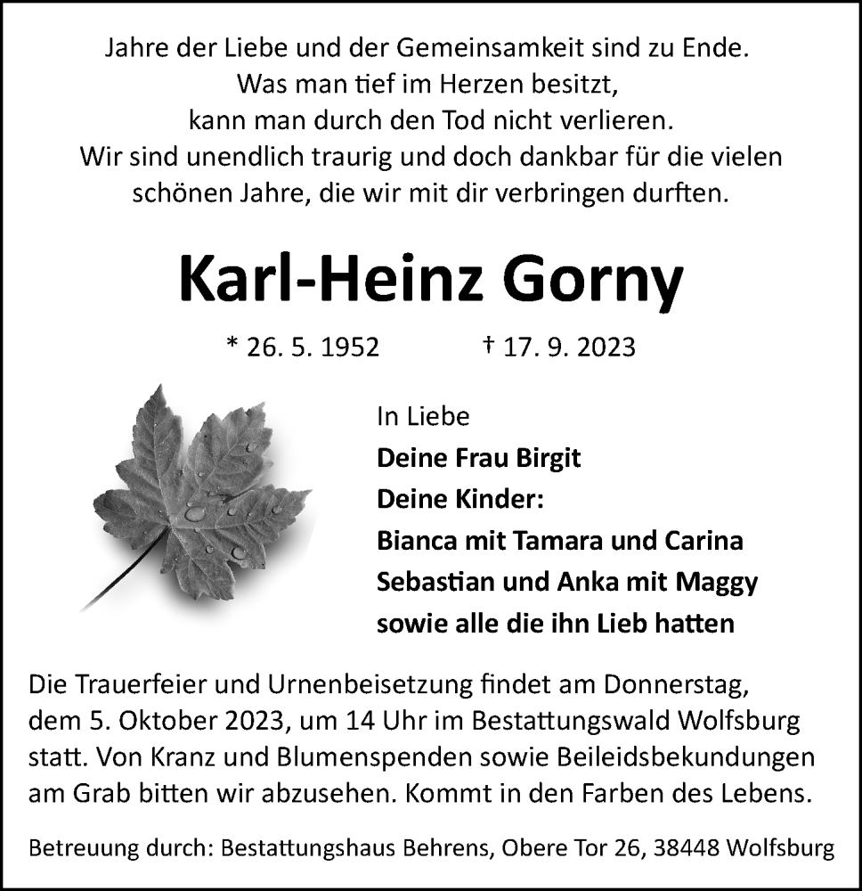  Traueranzeige für Karl-Heinz Gorny vom 23.09.2023 aus Aller Zeitung
