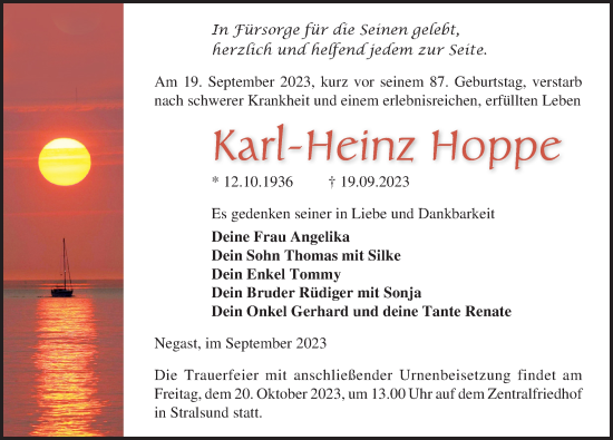 Traueranzeige von Karl-Heinz Hoppe von Ostsee-Zeitung GmbH